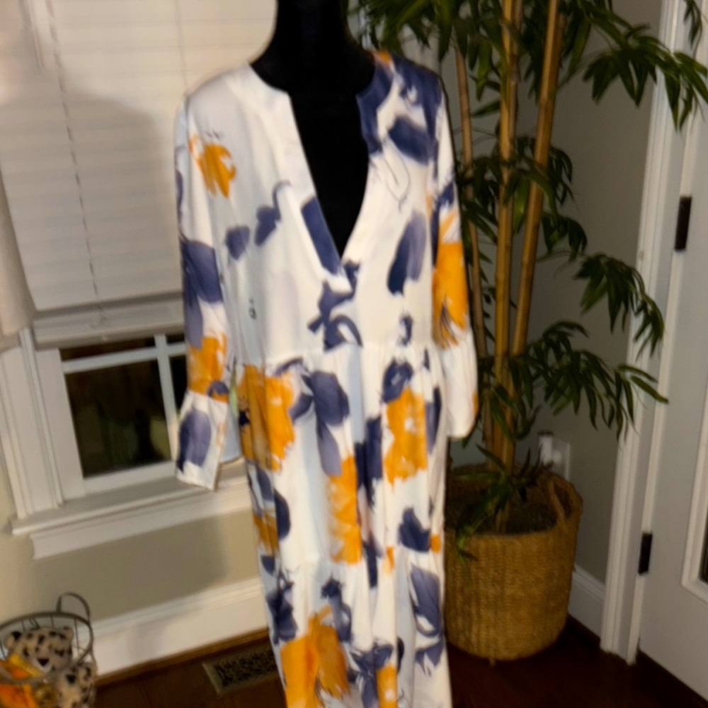 NWT- Womens XL L Cream Navy and yellow bohemian mid length long sleeve dress
